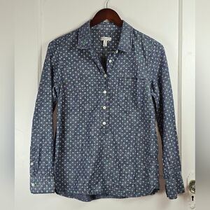 J. Crew Blue and White Polka Dot Woven Henley Top Size 8